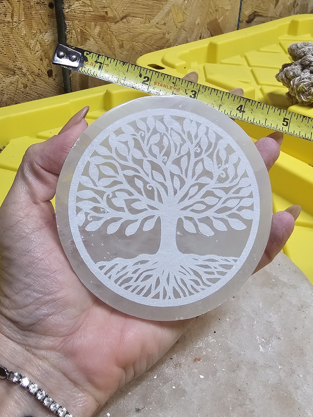 Engraved Tree of Life Selenite Charging Plate - White